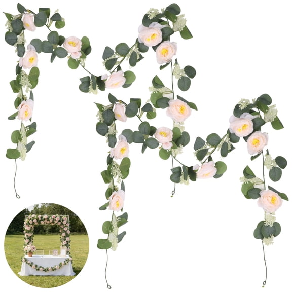 2PCS Artificial Eucalyptus Flower Garland, 6.6ft Fake Rose Flower Greenery Garland, Hanging Eucalyptus Vines for Home Party Decor Wedding Backdrop, Easy to Care