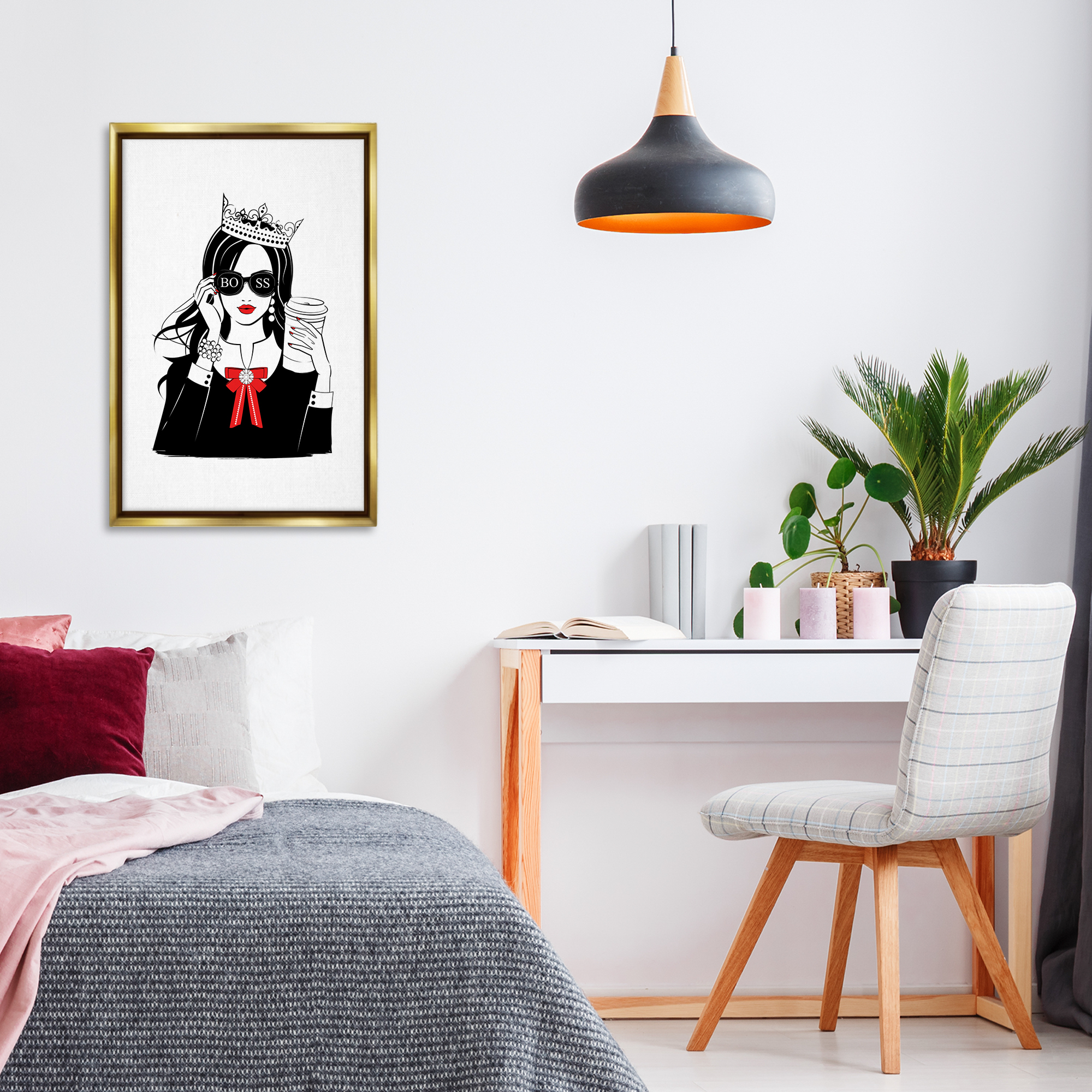 Stupell Industries Jeweled Girl Boss Novelty Painting Gold Floater Framed Art Print Wall Art, 21 x 31