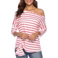 thumbnail image 2 of Camiseta de rayas cruzadas con hombros oblicuos casuales para mujer con manga de murciélago S rojo Sunnimix  Blusas con hombros descubiertos, 2 of 8