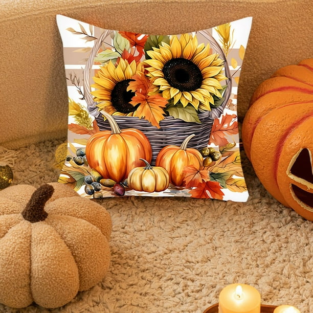 Funda de Almohada de Calabaza y Girasol de Acción de Gracias con Paisaje Nocturno de Calabaza, 45 X 45 Cm