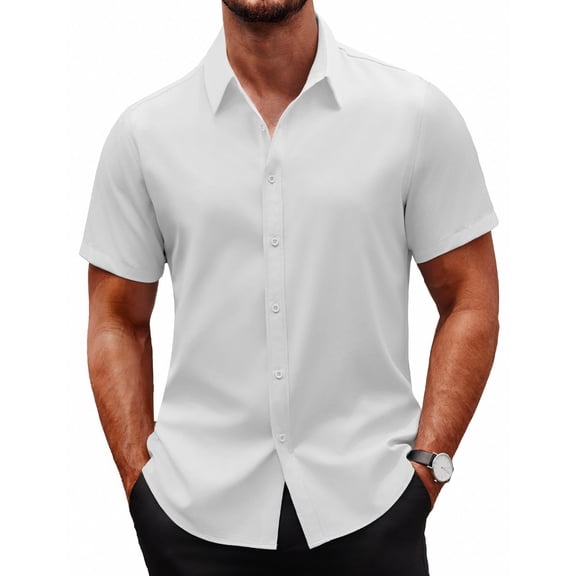 COOFANDY Mens Dress Shirt Short Sleeve Business Shirt Wrinkle-Free Button Down Shirt off White L