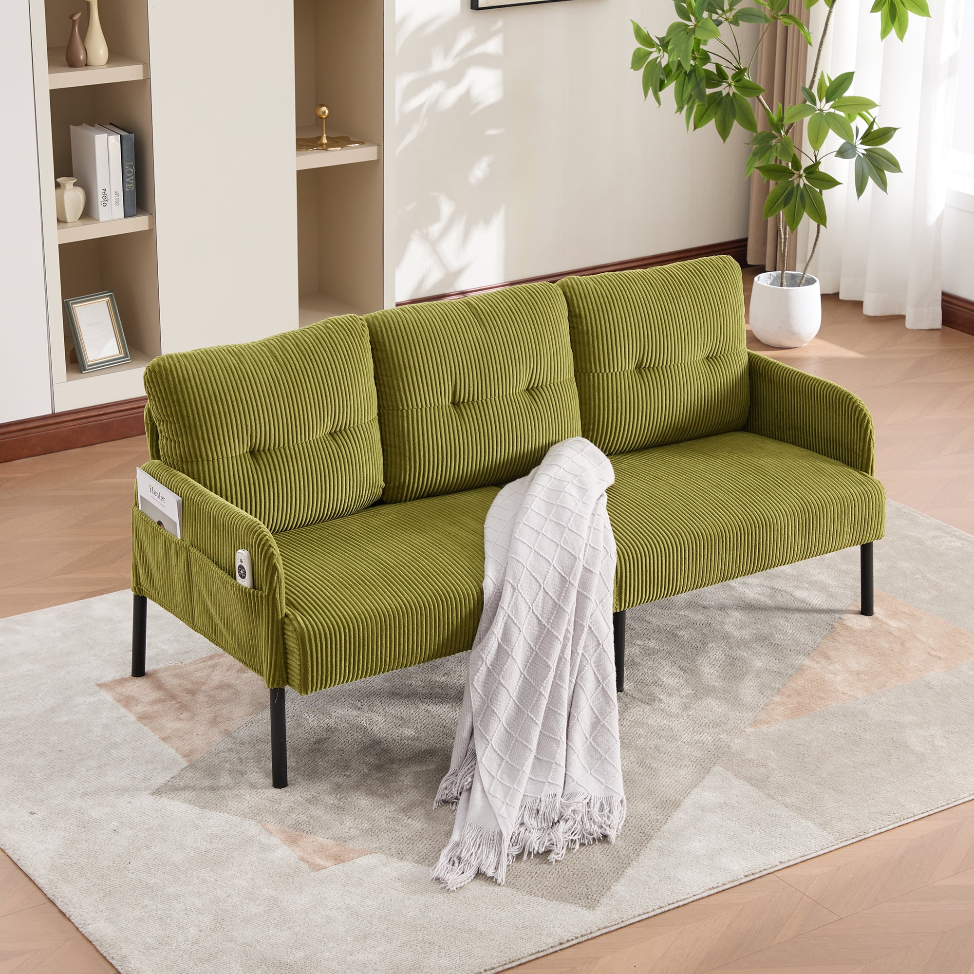 Loveseat, Small Sofa, Couch, Oversized Corduroy 2-Seater Sofa with Side Storage Pockets and Sturdy Metal Legs for Apartment, Dorm or Living Room, Olive Green