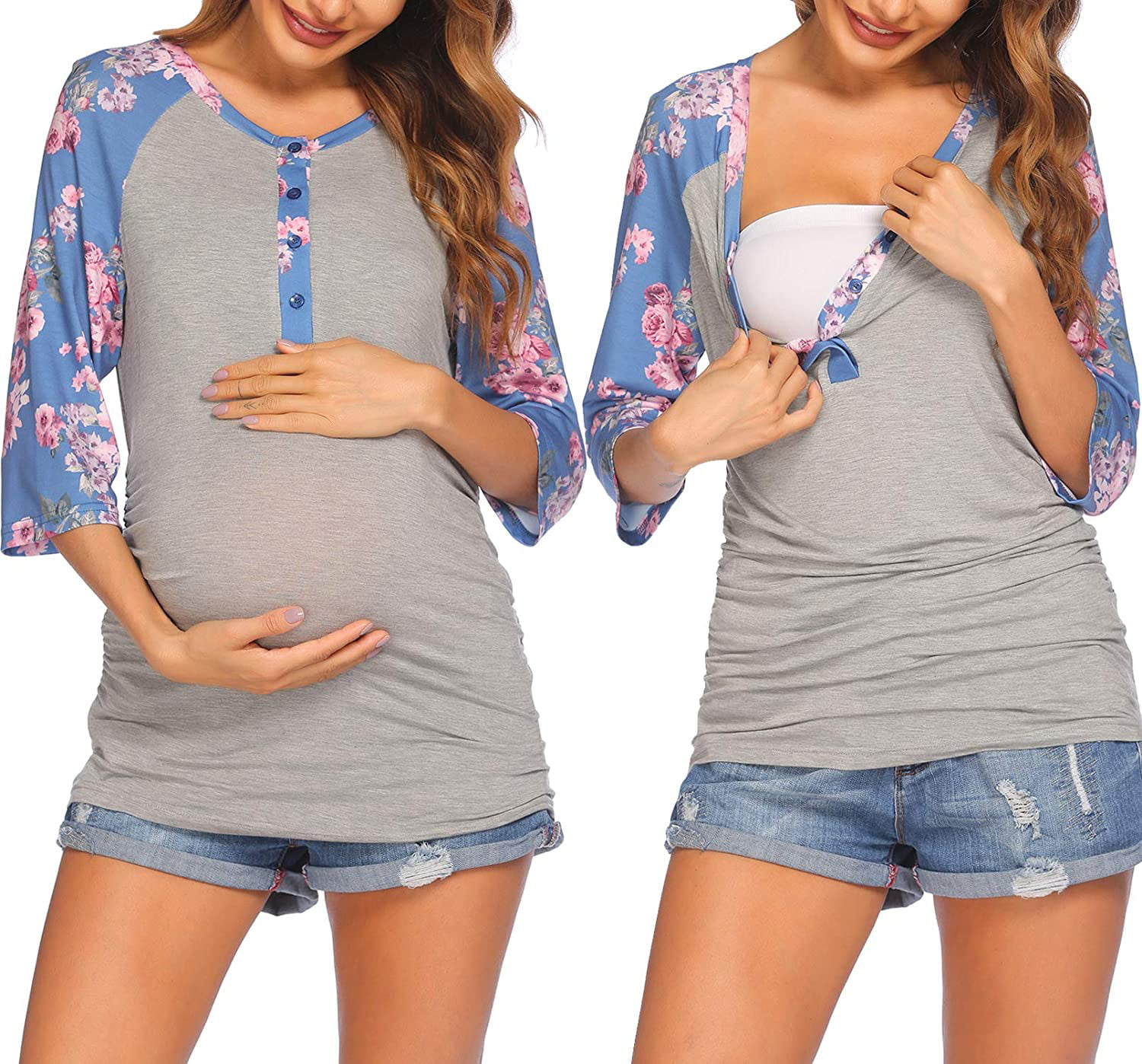 Ekouaer Womens Maternity Nursing Top 3/4 Sleeve Breastfeeding Henley Shirt Soft Tees Baseball T-Shirts S-XXL 