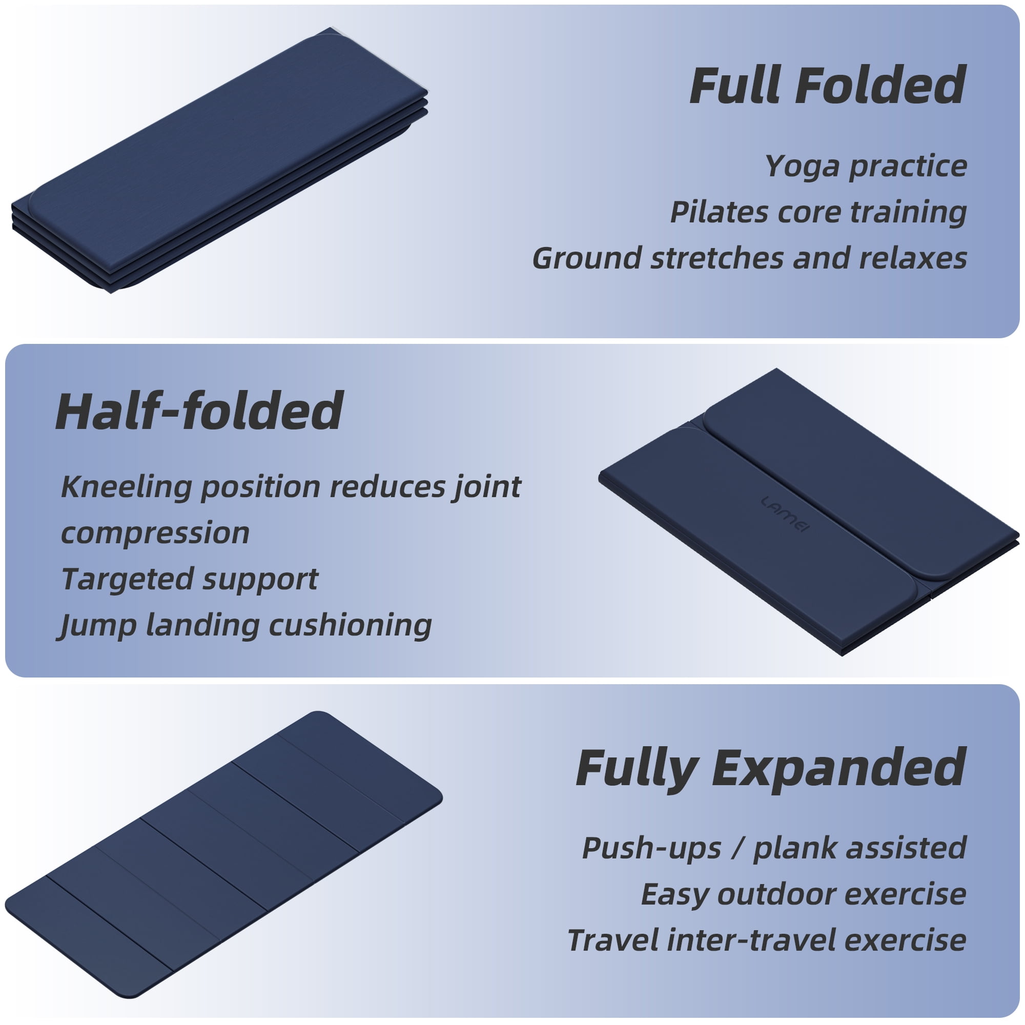 Lamei Foldable Yoga Mat, 31" Extra Wide Non-Slip Exercise Mats for Home Workout, 75" Long, 8mm Thick,Lightweight Travel, Quick Unfold/Fold, Flat Lay No Curl(Blue)