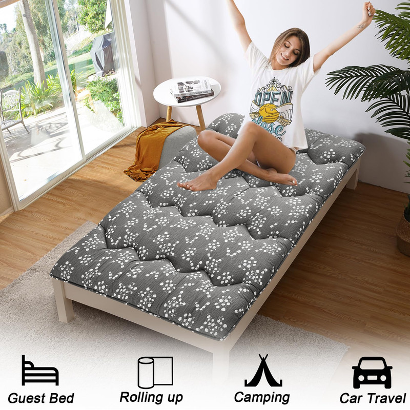 Towallmark Floral Pattern Japanese Futon Mattress for Adults, Twin Size Futon Mattress for Guest Room Kids Room, Sleeping Mattress for Floor Roll Up Camping Mattress