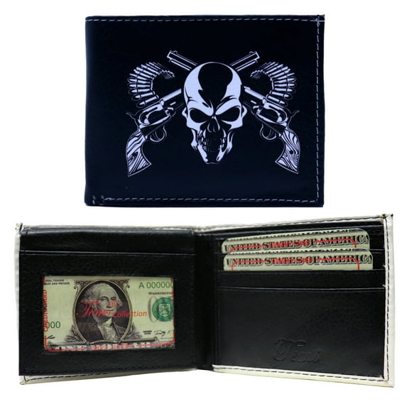 Skull Head Revolver Guns Leather Bi-Fold Bifold Wallet