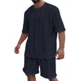 thumbnail image 2 of AWARDER Men's Summer 2-Piece Set, Knitted Solid Color Jacquard Short Sleeve T-Shirt and Casual Shorts, Breathable Lounge Outfit For Spring and Summer Season,Navy,M, 2 of 9