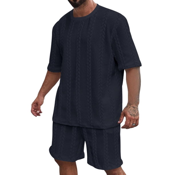 Men's Summer Knitted Solid Color Casual Short Sleeve T-Shirt Shorts Set M