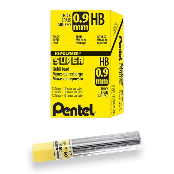 Pentel Super Hi-Polymer Lead Refill (0.9mm) Thick, HB, 15 Pieces/Tube, 12 Tubes/Box