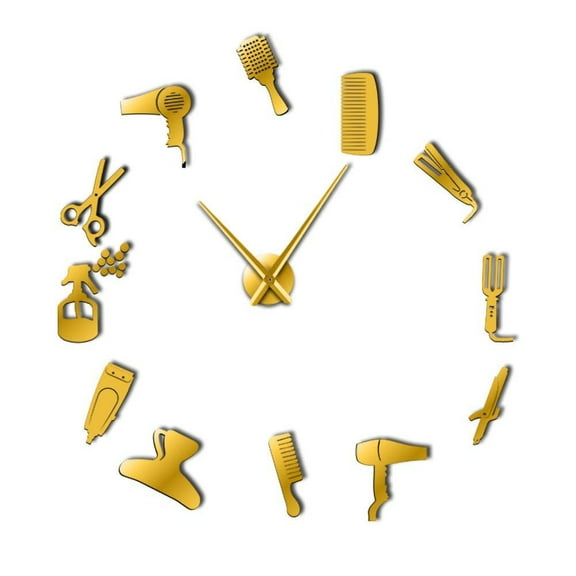 Barber Shop Hair Tool Large DIY Wall Clock Watch Stickers Frameless Beauty Salon Big Clocks Hairdresser Undefined Decor Horologe(Gold,47inch)