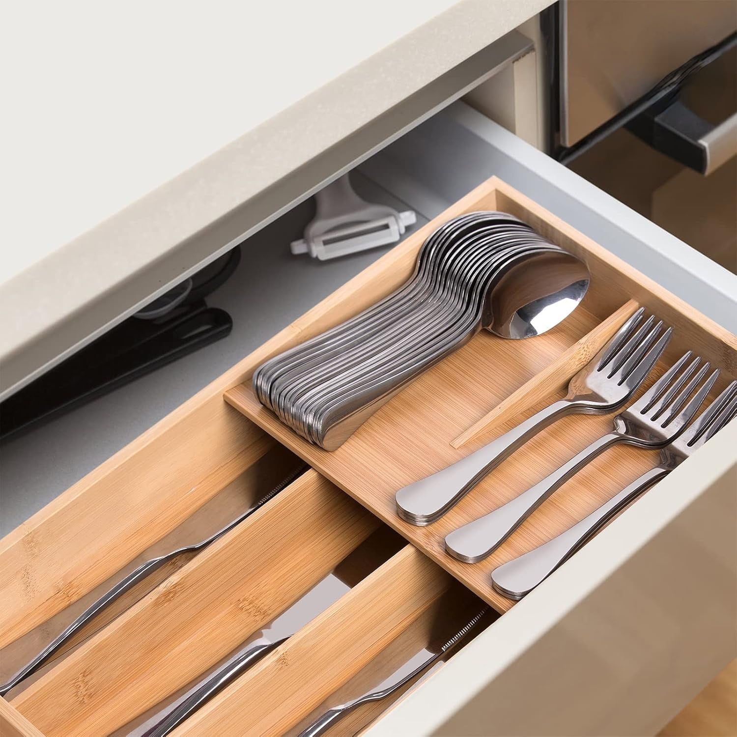 AllWays Plaza Bamboo silverware tray organizer, Utensil Holder and Cutlery Tray for Drawer, Kitchen Drawer Organizer Divider for Spoons Forks Knives