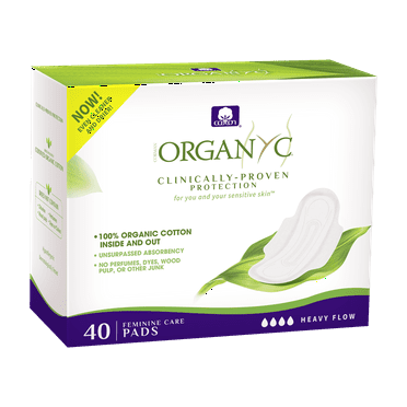 Organyc - 100% Certified Organic Cotton Feminine Pads, Sanitary Napkin 40 Count, Heavy Flow, New Larger Size Packaging