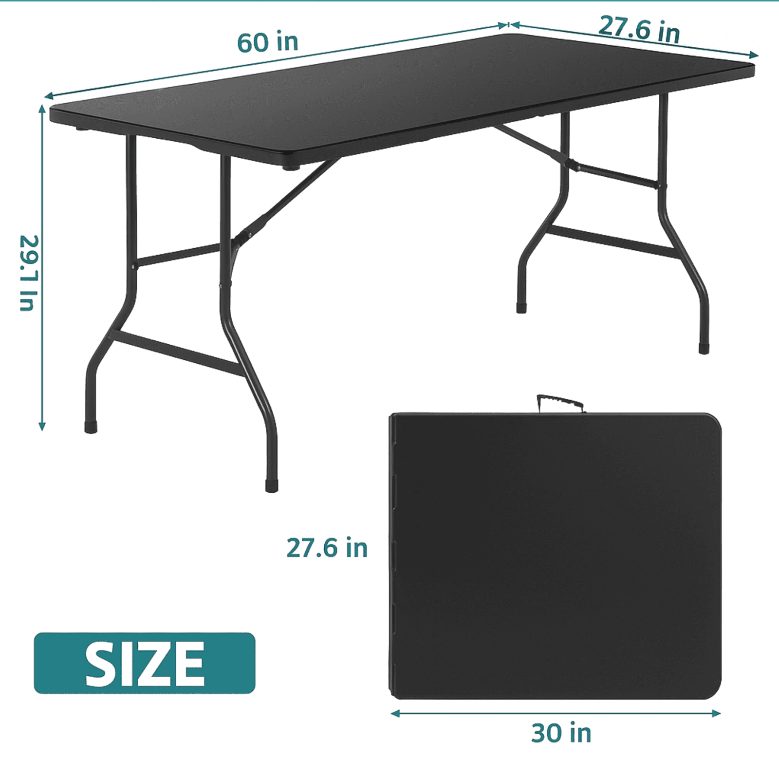 HONGGE 5 ft Folding Table with Carry Handle Plastic Foldable Table for Indoor Outdoor Use, Picnics, Parties, BBQs - Black