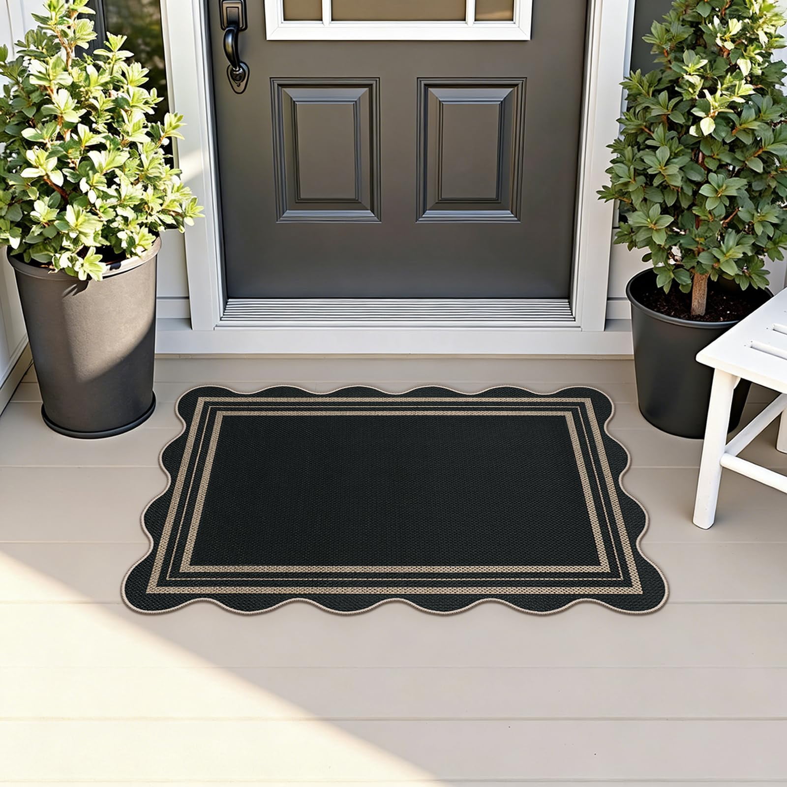 Easy Jute Black Kitchen Rug  2x3 Front Door Mat Washable Non Slip Small Entryway Indoor Outdoor Farmhouse Scalloped Doormat For Bathroom Doorway Porch