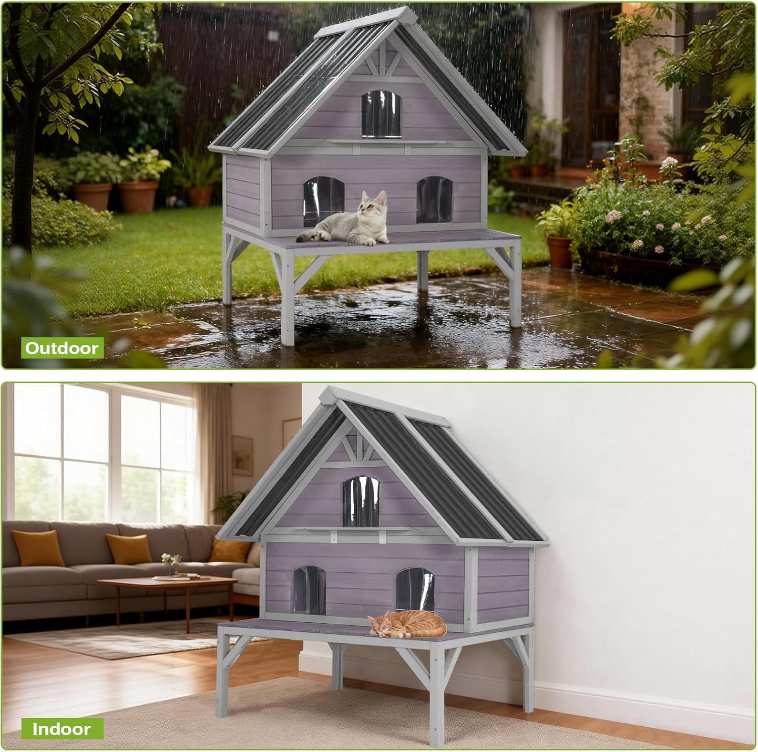 Aivituvin Outdoor Cat House Weatherproof Large Feral Cat Shelter with 2-Layer, Wooden Cat Condo with Balcony, Escape Doors and Openable Back Door for Multiple Cats Indoor