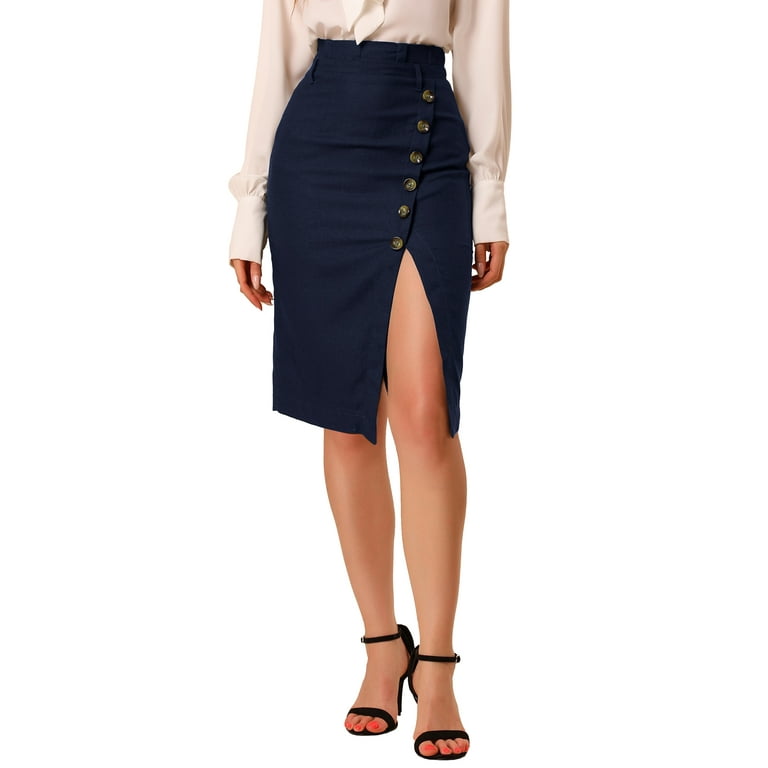 Unique Bargains Women s Asymmetrical Front Split Belted Midi Pencil Skirt XS Navy Blue Walmart