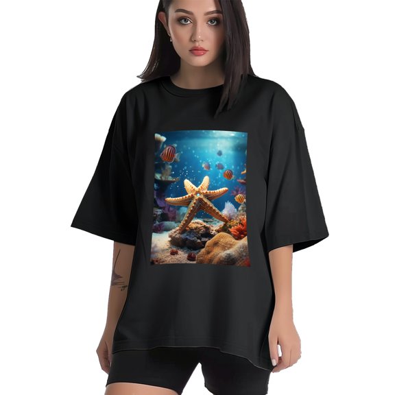 Plus Size Shirt for Women Black Tops for Women Short Sleeves Shirt for Women Starfish T Shirt Crewneck Shirt for Women XS