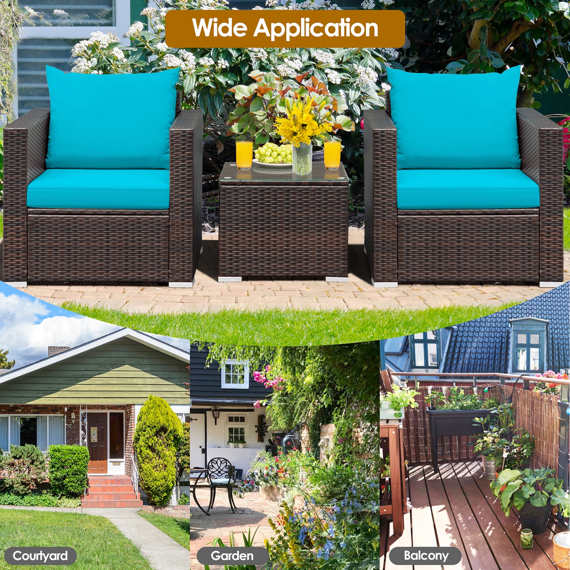 Costway 3PCS Patio Rattan Furniture Set Conversation Sofa Cushioned Turquoise