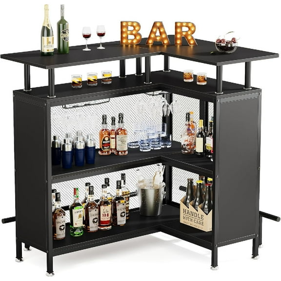 L-Shaped Bar Table For Home – 2-Tier Liquor Cabinet, 12-Glass Stemware Rack, 47" Corner Wine Bar With Footrest & Metal Mesh, Black