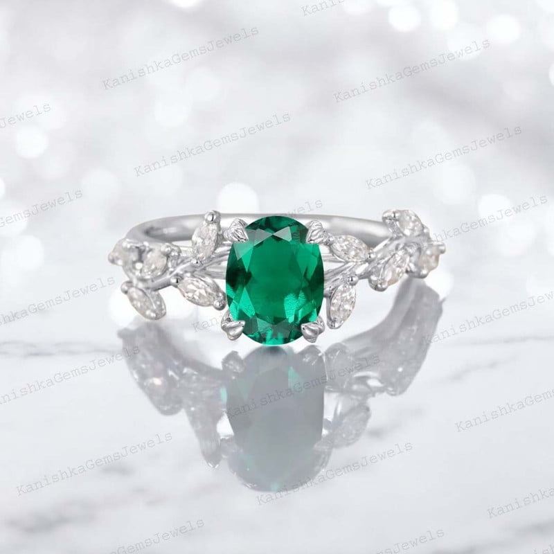 KANISHKAGEMS&JEWELS 2Ct 8x6mm /Oval Emerald Engagement Ring CZ Diamond Leaf Twig Ring Nature Inspired Women Jewelry Anniversary Gift For Wife