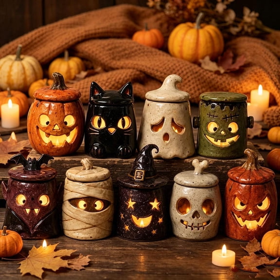 Hand-sculpted Halloween Mini Lanterns,Monster Tea Light Holder, Handmade Halloween Candle Holder, Rustic Fall Decor, Cute Cute Spooky Table Decor for Tiered Tray Home Mantel Party
