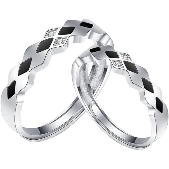 Diamond Checkered Matching Ring S925 Sterling Silver Engagement Wedding Promise Rings Couples Band Adjustable for Women Men Crystal Jewelry Valentines Day Anniversary Love Gift