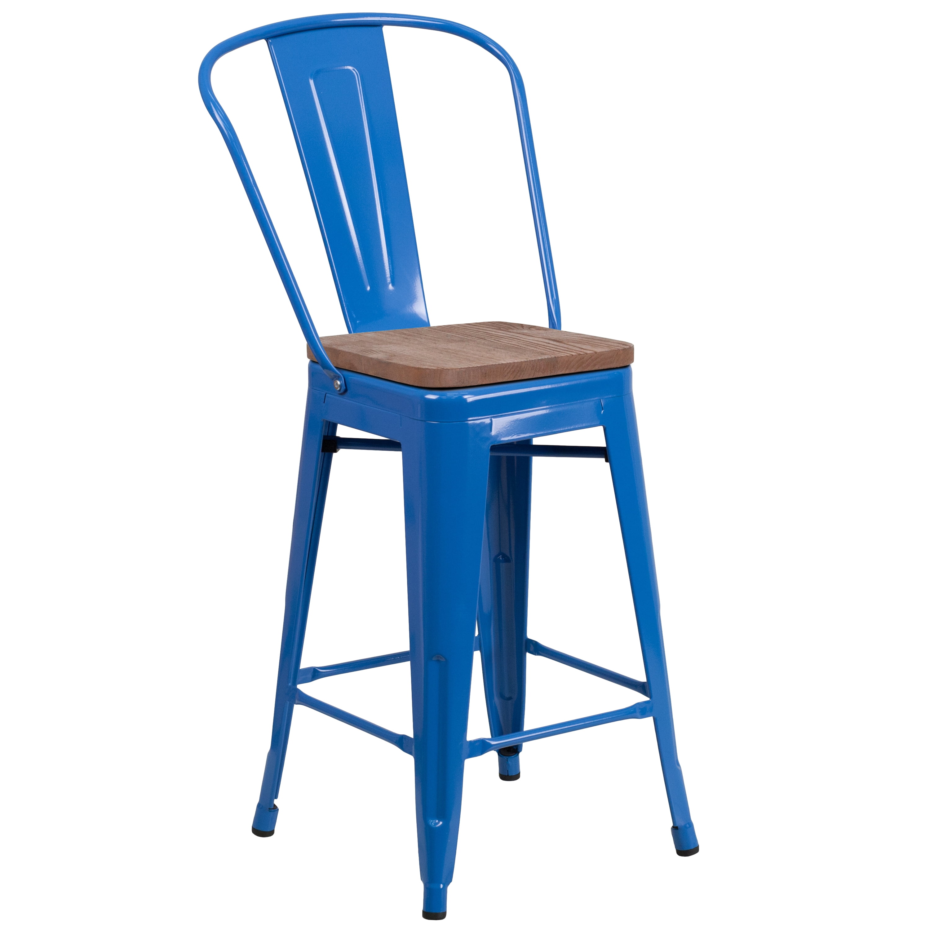 Flash Furniture 4 Pk. 24" High Blue Metal Counter Height Stool with Back and Wood Seat