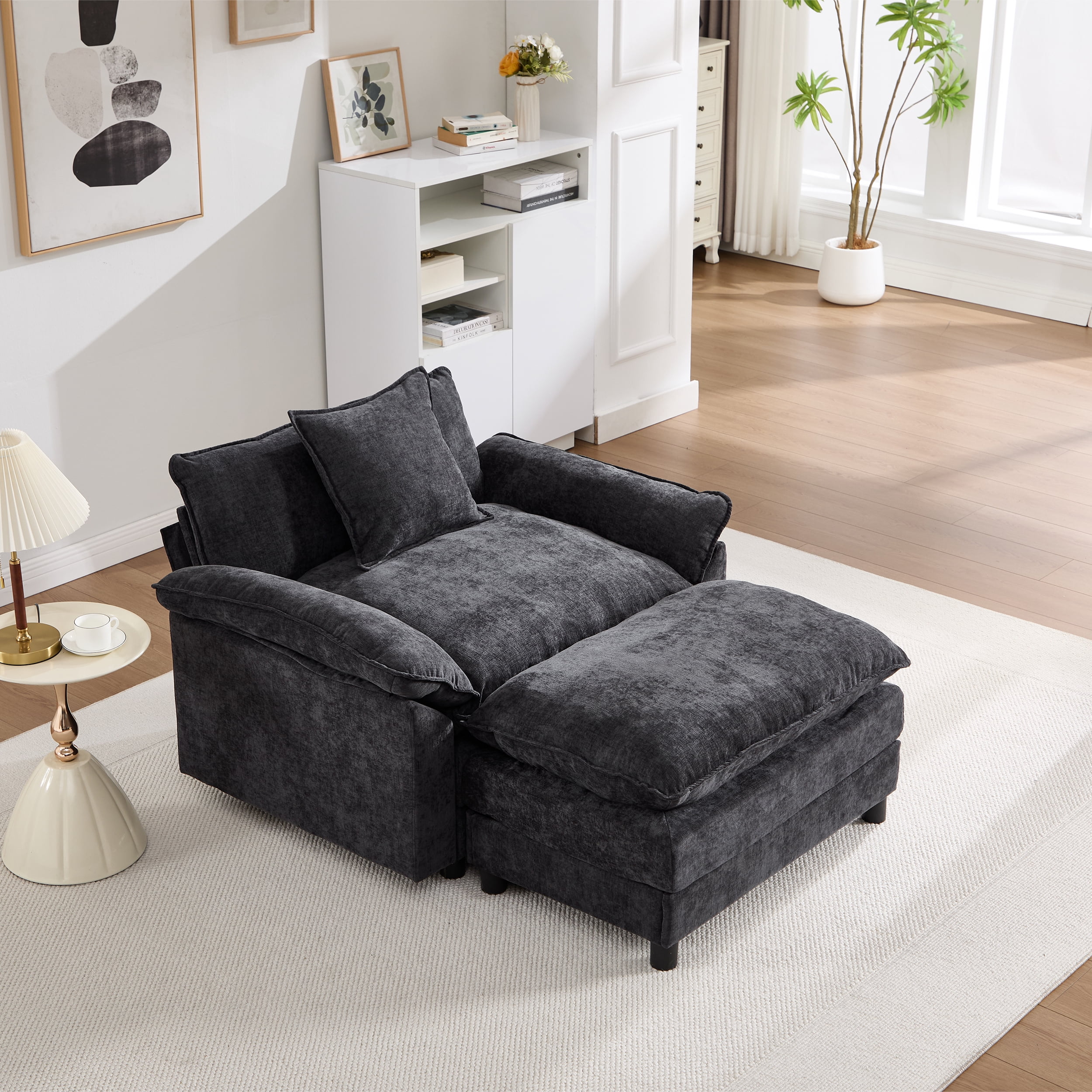 44.5" Accent Chair with Ottoman Club Chair Chenille Upholstered Armchair