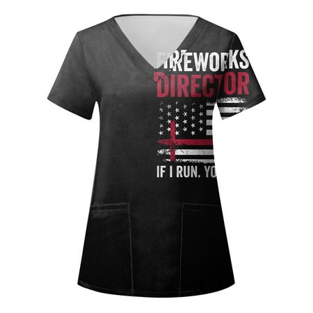 

Women Scrub Tops Independence Day Printed Daily Summer V-Neck Tops American 4th Of July USA Flag Tshirts Short Sleeve Workout Shirts Casual Loose Tees For Everyday Wear