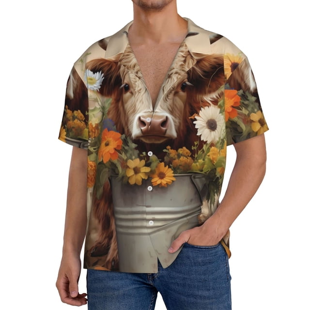 Balery Bucket Flower Cow Camisa Casual de Manga Corta con Botones para Hombre, Texturizada, Estilo Cubano, para Playa, Verano-X-Large