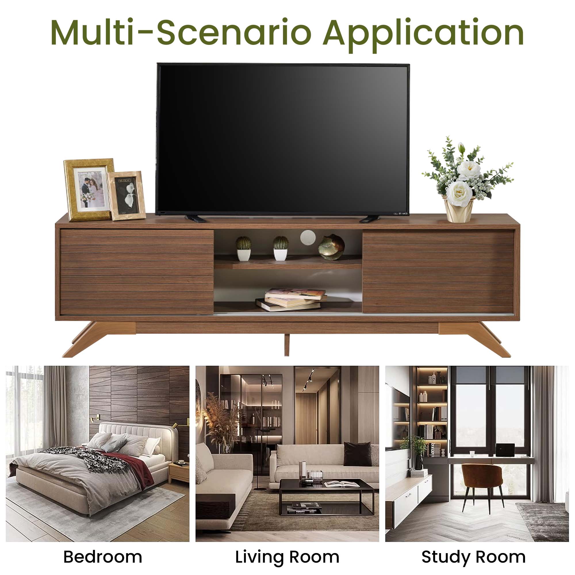 Aukfa Modern TV Stand for TVs up to 70" - TV Cabinet with 2 Sliding Door for living Room - Walnut