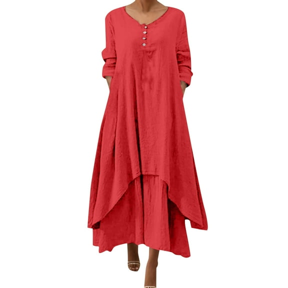 Glisme Casual Dresses For Women Loose O Neck Irregular Solid Long Sleeve Dress Red Sundress Graduation Dresses