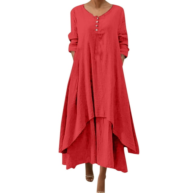 XDZJLR Robes pour Femmes Été Irrégulier Uni Manches Longues Long Ample Col Rond Jupe