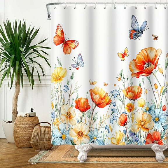 SUNOLIFE Spring Floral Shower Curtain Butterfly with Flowers Fabric Bathroom Curtain Set 72x72 in