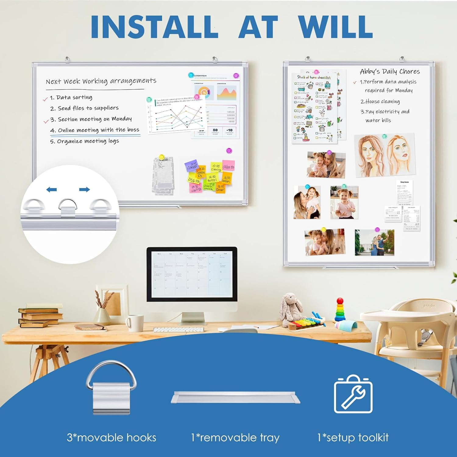 Double Sided White Board Dry Erase, 20 x 30 inch Magnetic Dry Erase Board Whiteboard for Wall, Aluminum Frame Wall-Mounted or Hanging Whiteboard Marker Board Writing Board