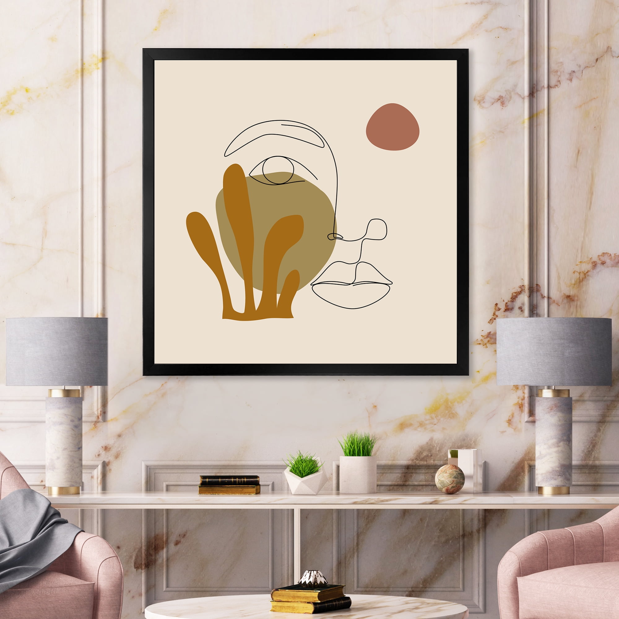 Designart 'One Line Art Portrait of Female In Terracotta Tones' Modern Framed Art Print