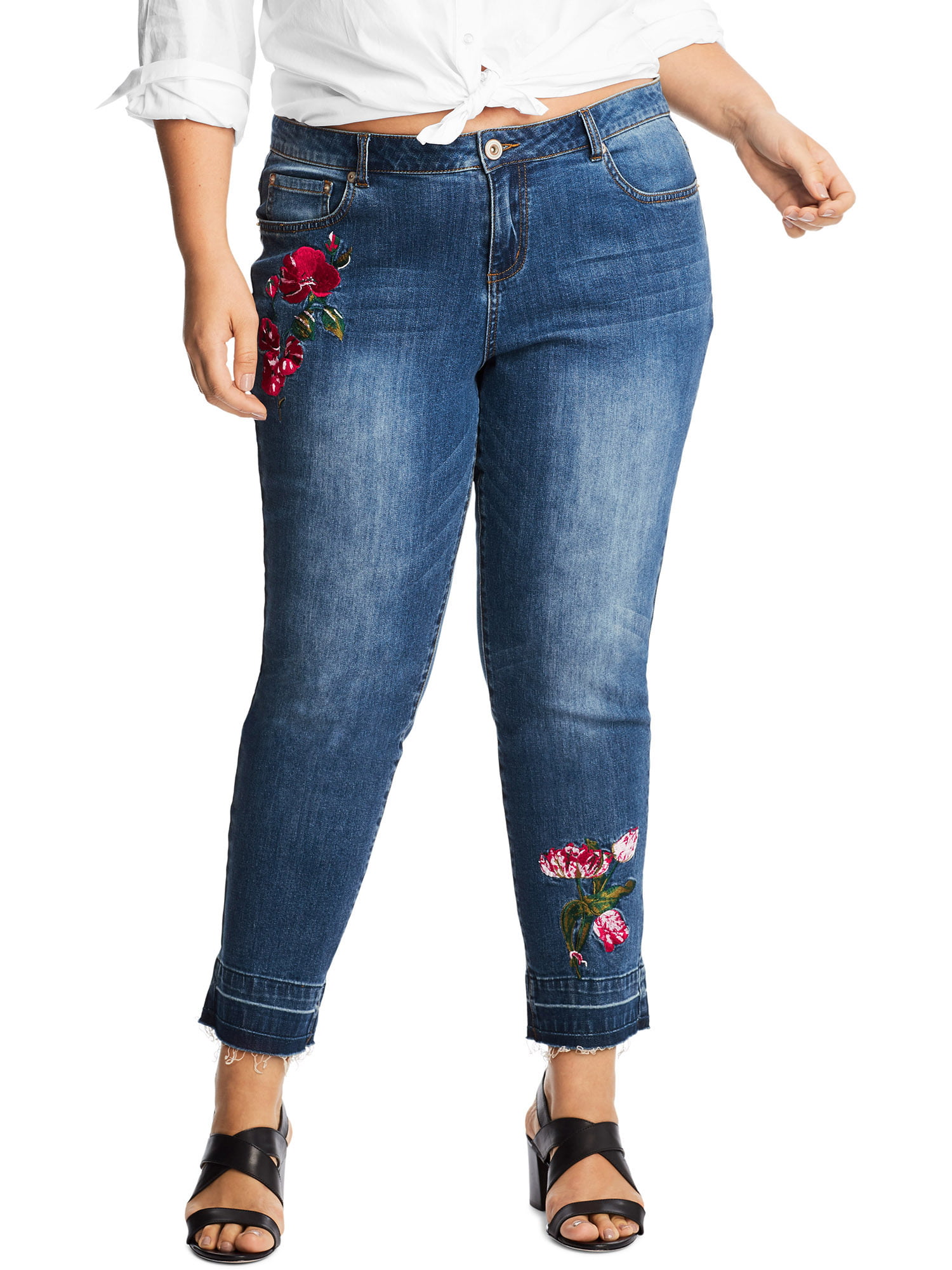 Just My Size Women's Plus Size Floral Embroidery Cropped Jeans ...