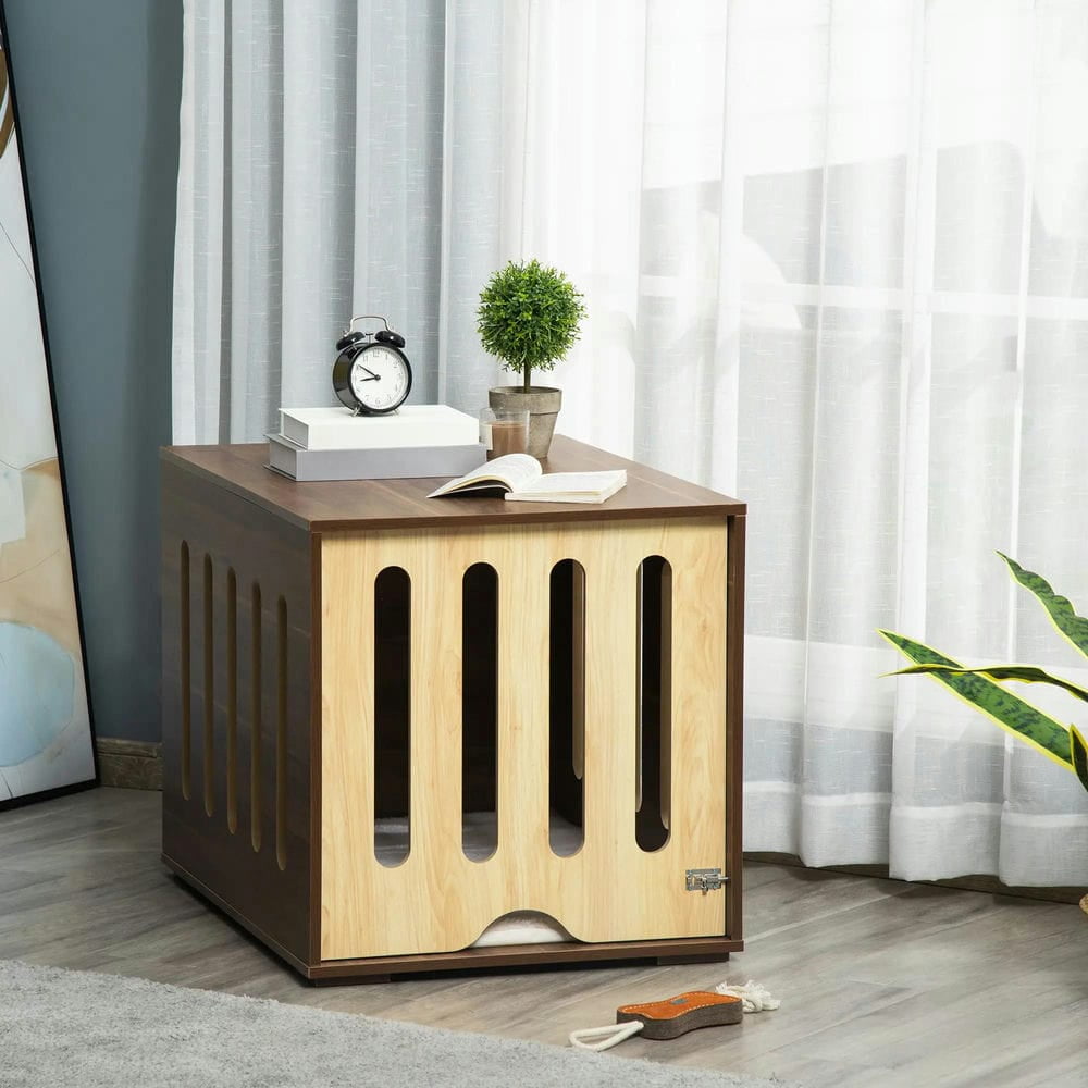 Topcobe Furniture Style Dog Crate End Table with Removable Door Panel, Dog Crate Bed with Foam Cushion, Safety Lock, Indoor Use, Outdoor Wooden Pet Shelter, Brown