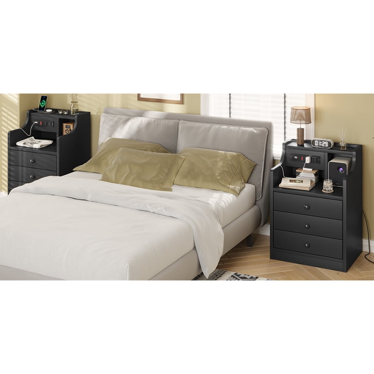 Black Nightstand With Charging Station - 3 Drawers, USB Ports & Outlets, Bedside Table For Bedroom Or Living Room