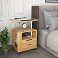 thumbnail image 2 of Multifunctional Bed Table, Overbed End Table with Height Adjustable Platform, Wooden Nightstand with Swivel Wheels, Storage Drawers and Open Shelf (Wooden), 2 of 8