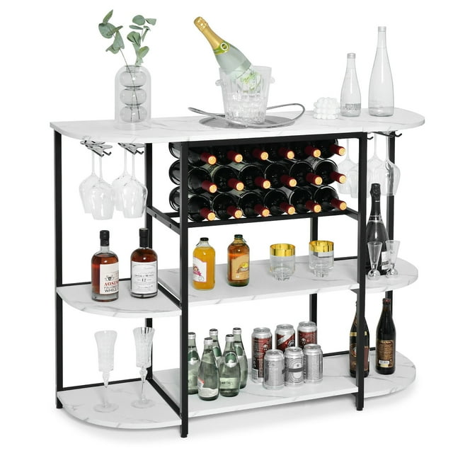 Gymax Wine Rack Table Coffee Bar Cabinet Freestanding Liquor Stand Glass Holder White