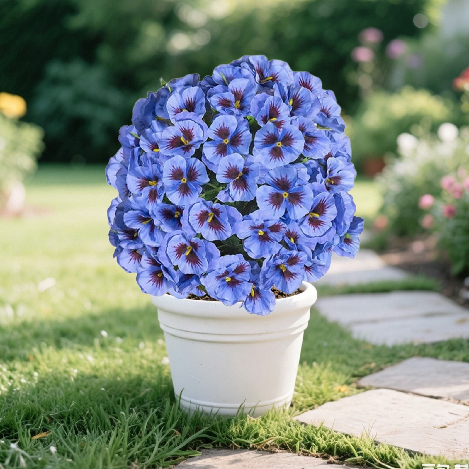 Spring Artificial Topiary for Outdoors with Spikes, UV Resistant Fake Outdoor Shrubs with Violet Flowers, Artificial Bushes for Outdoors Garden, Front Porch, Yard, Patio, Blue