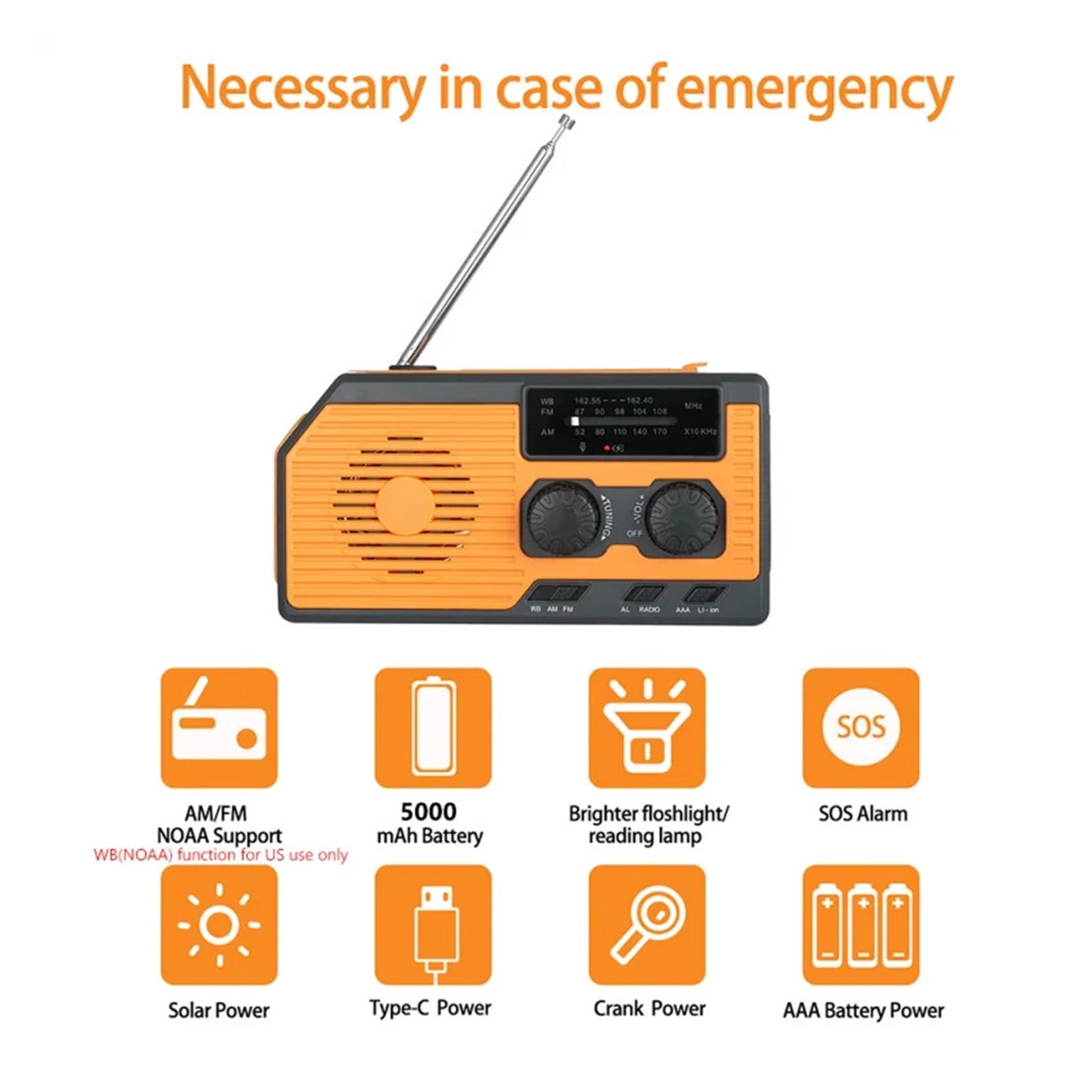 Multifunctional Radios FM AM WB NOAA Hand Crank Solar USB Charging Radio Emergency LED Flashlight Power Bank 5000mAh
