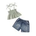 thumbnail image 2 of Yunliwuli Kids Girls Shorts Set, Tie-up Pleated Camisole with Ripped Denim Shorts Summer 2-piece Outfit, 2 of 10