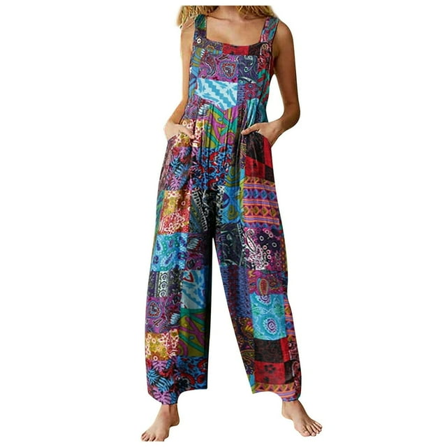 CNKOO Salopettes d'Été pour Femmes Style Ethnique Multicolore Col Carré Sans Manches Combinaison Décontractée avec Poches pour Filles Rouge/bleu