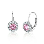 Unicornj Children's Leverback Earrings Sterling Silver Pink Round Halo Simulated October Birthstone 4mm