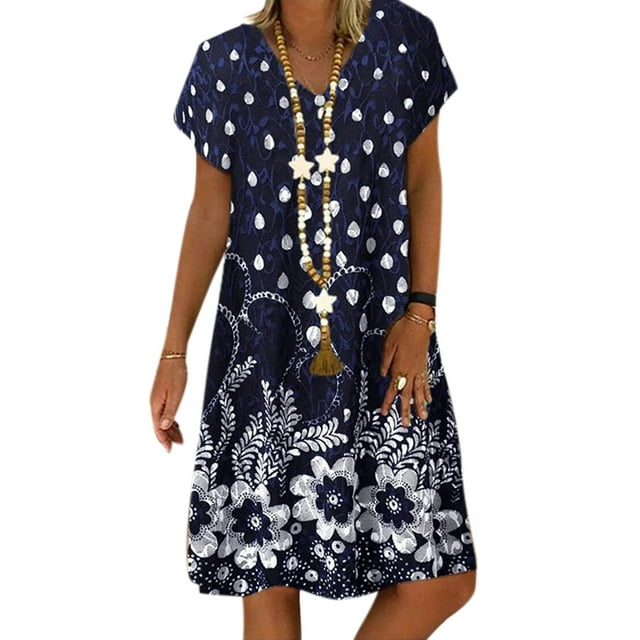Womens Plus Size Floral Short Sleeve Midi Dresses Summer V Neck Beach ...