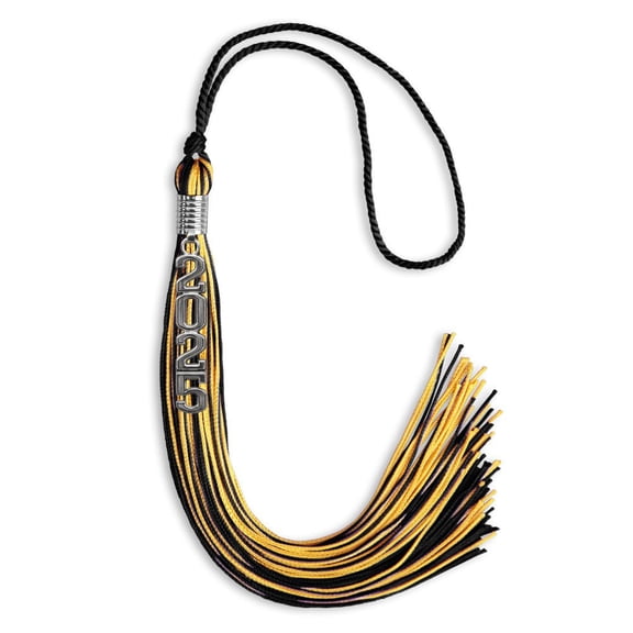 Black/Gold Mixed Color Graduation Tassel with Stacked Silver Date Drop
