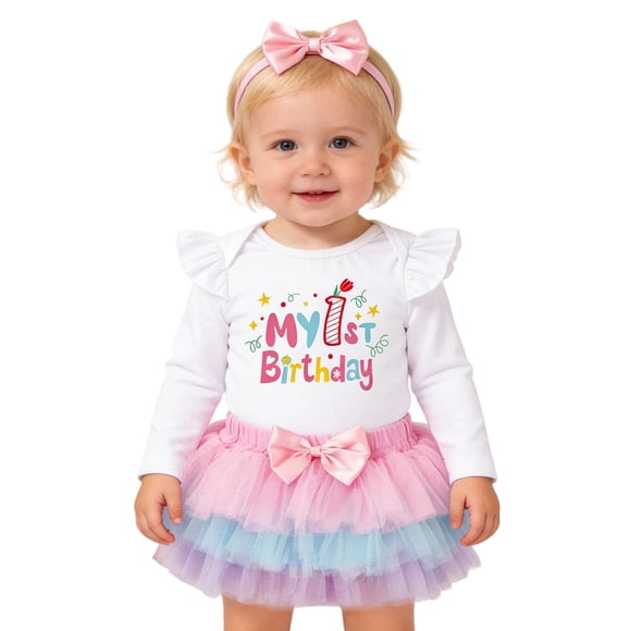 DHFJKG First Birthday Outfit Girls Clothes Letter Print Long Sleeve Romper Bodysuits Layered Tutu Skirt With Headband 3 Piece Set Cute Outfit