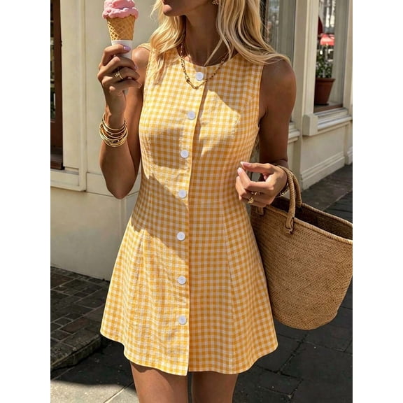 Yellow Gingham Sleeveless Button-Front A-Line Mini Dress For Women